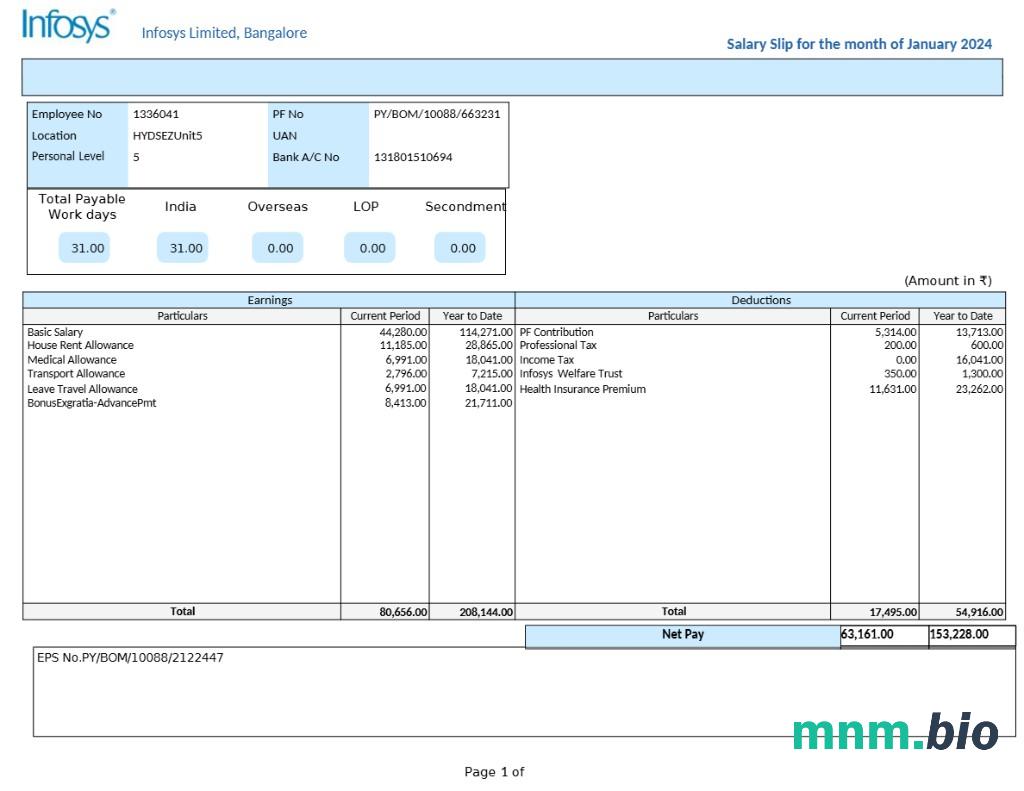 Infosys technology Company Pension slip template w formatach Word i PDF